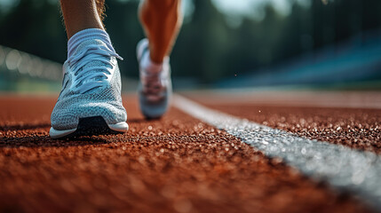 Close-up of running shoes in motion, capturing the essence of athletic movement and fitness in an outdoor setting.