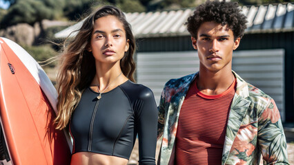 Young couple of surfers is walking the beach at a beautiful day at sea. Surfing clothes advertising