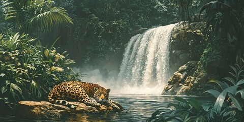 Sticker - A jaguar rests on a rock by a waterfall in a lush tropical jungle.