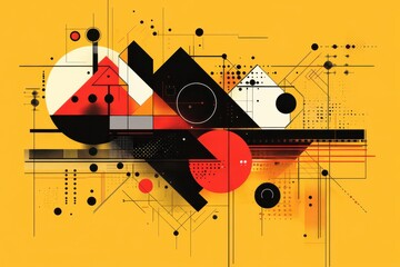 Poster - Abstract geometric design with circles, lines, and splatters on a vibrant yellow background with bold orange and black elements