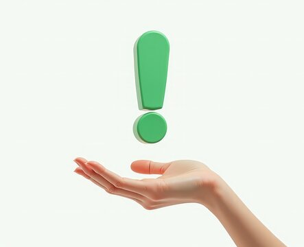 green exclamation mark above a woman's palm on a white background