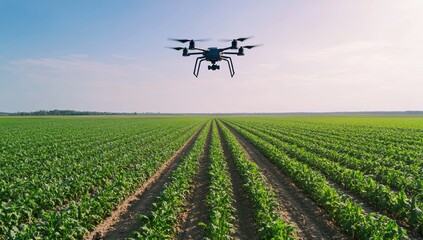 Wall Mural - A drone flying over a green agricultural field for monitoring crops.