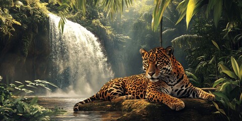 Sticker - A jaguar rests peacefully on a rock by a jungle waterfall.