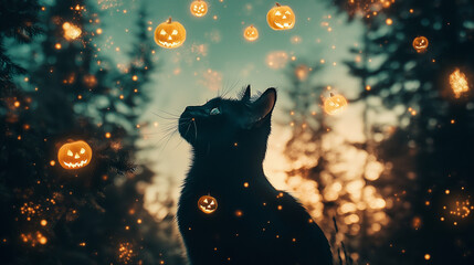 Double exposure of a haunted forest and a black cat, combined with glowing Halloween pumpkins and dark shadows