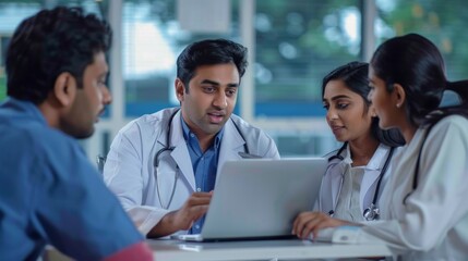 Poster - A group of doctors are sitting around a table looking at a laptop