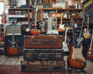 Vintage music stores with nostalgic designs, stylish and dynamic, Urban, Soft tones, Photograph, Musical heritage