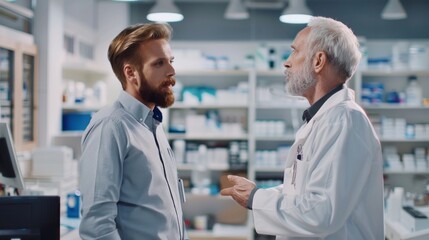 Aufkleber - A man and a doctor are talking in a pharmacy