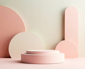 an empty round podium on a background of geometric shapes, pastel colors