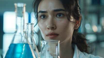 Poster - A woman is looking at a beaker with a blue liquid in it