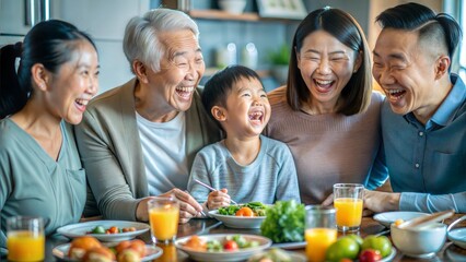 An Asian family gathering dinner table spacious apartment laughing happily