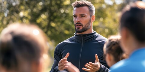 Wall Mural - Fitness Coaching Session: Depict a wellness coach leading a fitness session with clients in an outdoor park, demonstrating exercises and providing guidance on maintaining