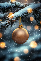 Canvas Print - A glittering gold Christmas ornament hangs on a snow-covered tree branch with soft bokeh lights glowing in the background.