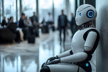Poster - futuristic humanoid robot sits among business professionals in a modern office lobby, symbolizing th