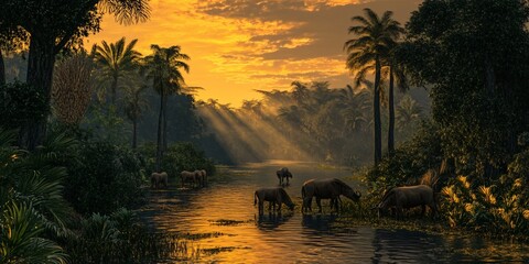 Wall Mural - A herd of buffalo drink from a river in the jungle at sunset, with sun rays filtering through the trees.