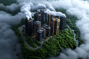 Poster - A futuristic city struggling with air pollution and environmental decay, symbolizing the challenges of sustainability and climate change in the future