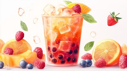 Aufkleber - Refreshing Fruit Drink with Ice and Bubbles