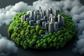 Poster - A futuristic city struggling with air pollution and environmental decay, symbolizing the challenges of sustainability and climate change in the future