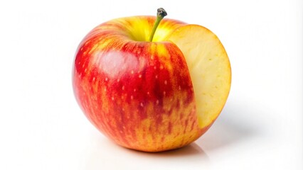 A red apple with a slice cut out, isolated on a white background.