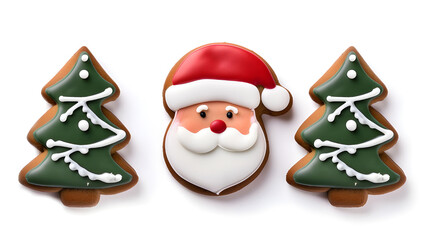 Christmas gingerbread cookies isolated on white background, Santa Claus and Christmas trees