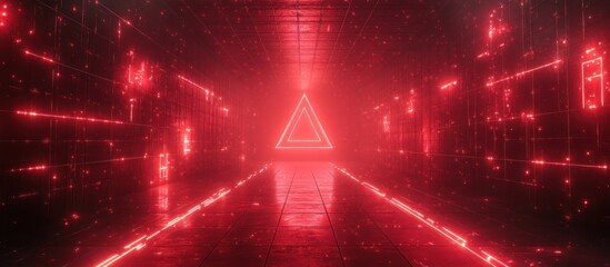 Red glowing triangle shape in a futuristic hallway.