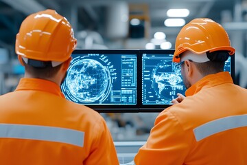 Two engineers in orange safety helmets and overalls, studying data on an industrial control panel with digital screens inside a modern factory, with moody backlighting