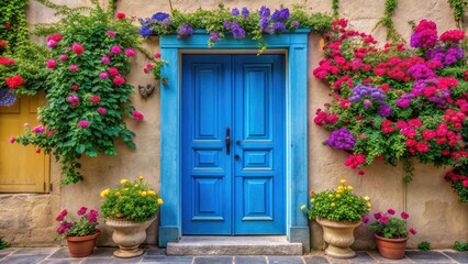  Beautiful blue door with flowers, blue, door, flowers, beautiful, exterior, architecture, entrance, floral, decoration, colorful