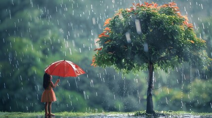 Canvas Print - Rainstorm Refuge A Sheltered Girl and Her Vibrant Tree Companion