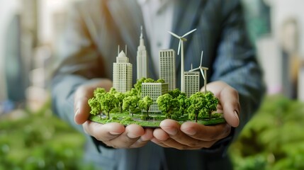 Poster - businessman presenting sustainable city model to investors in eco friendly development concept