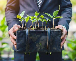 Businessman Holding Briefcase of Tree Seedlings for Corporate Environmental Initiative