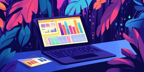 Aufkleber - Spreadsheets for Budgeting: Illustrate a laptop with an open spreadsheet used for budgeting, with calculations and colorful charts representing financial data.