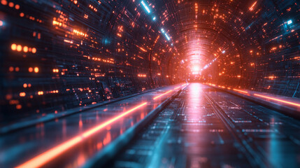 A digital figure emerges from a bright virtual data tunnel surrounded by glowing lights