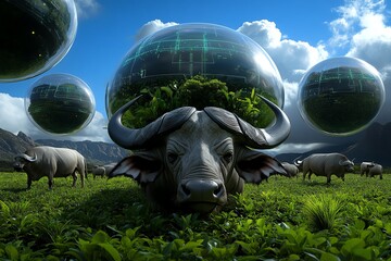 Poster - A futuristic landscape where Cape buffalo graze under floating energy fields, with advanced technology protecting the wildlife and enhancing the ecosystem