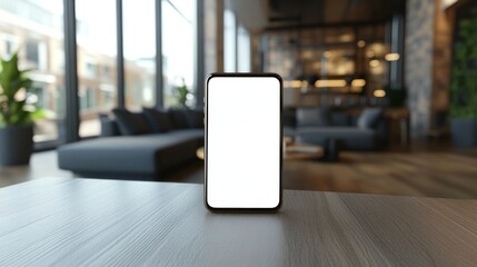 Poster - A blank smartphone on a wooden table in a modern, open interior space.
