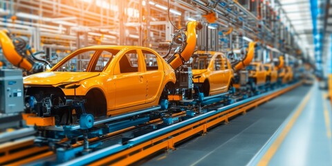 Poster - Industrial Robot in a Factory: Create an image of an industrial robot performing tasks in a factory setting, emphasizing automation and efficiency.