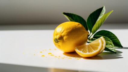 A yellow ripe lemon with green leaves and two cut slices lies on a white table, ready for squeezing juice. There are drops of lemon juice on the table.