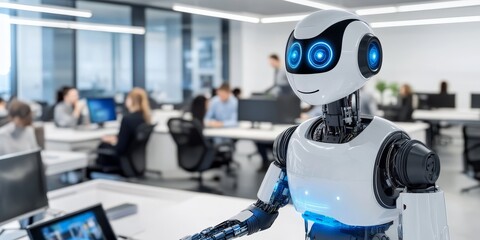 Poster - Humanoid Robot: Illustrate a humanoid robot interacting with humans in a modern office environment, showcasing advancements in robotics.