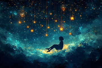Wall Mural - A person is sitting on a cloud in the sky