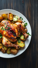 Wall Mural - White plate with whole roasted chicken, crispy skin, roasted potatoes, and fresh parsley is a delicious sight