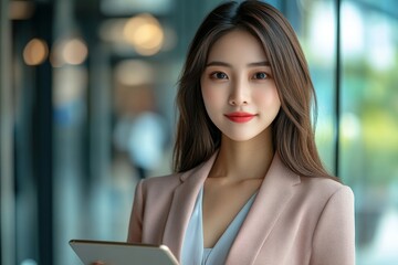 Young Asian business woman entrepreneur standing in office holding digital tablet. Businesswoman leader, professional company manager using smart corporate management technology looking, Generative AI