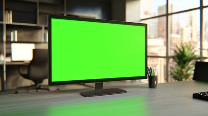 Poster - A blank green screen monitor on a desk in a modern office setting.