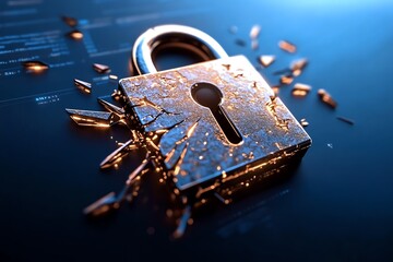 Poster - A giant lock symbol on a computer screen cracking apart, representing the failure of security measures during a major data breach