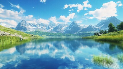 Wall Mural - Serene Mountain Lake with Clear Blue Sky Reflection