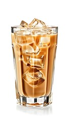 Wall Mural - Refreshing Iced Coffee Drink with Visible Ice Cubes and Condensation in Glass on White Background