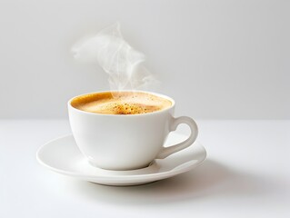 Wall Mural - Steaming Hot Espresso with Rich Crema in Minimalist White Ceramic Cup on Isolated Background