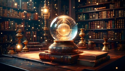 Wall Mural - Enchanting crystal ball forecasting gold prices and market trends on an ancient wooden table amidst a library of books and potion bottles in a dimly lit, atmospheric setting