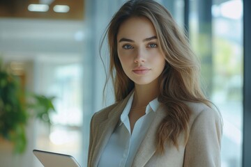 Serious female administrative manager in formal suit walking in office with digital tablet for checking office working process, confident woman business owner looking at window passing, Generative AI