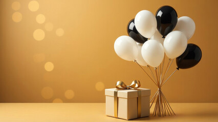 black and white balloons with a golden gift on a golden background.