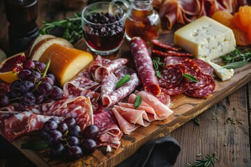 Charcuterie board with meats, cheese, and fruits