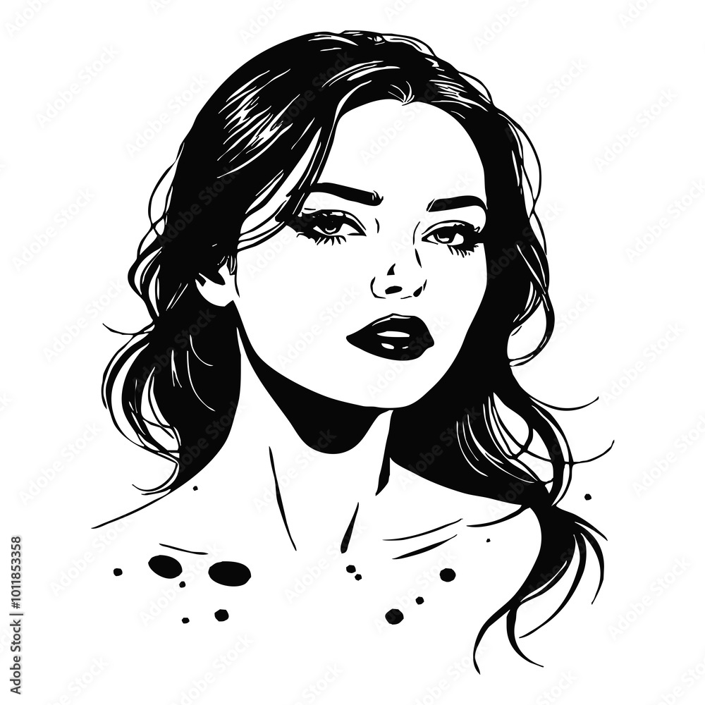 Black and white illustration. Fictional female character in the Pin Up style.