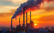© Curioso.Photography - Industrial factory chimneys emitting smoke at sunset, symbolizing pollution and environmental impact.